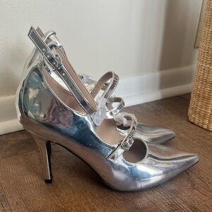 silver pointed-toe multi-strap Mary Jane heels by IDIFU Sz 8.5 NEW